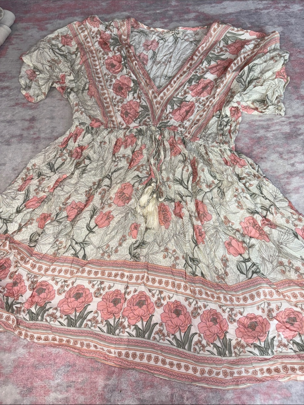 Boho Floral V-Neck Flowy Dress in Pink and Cream